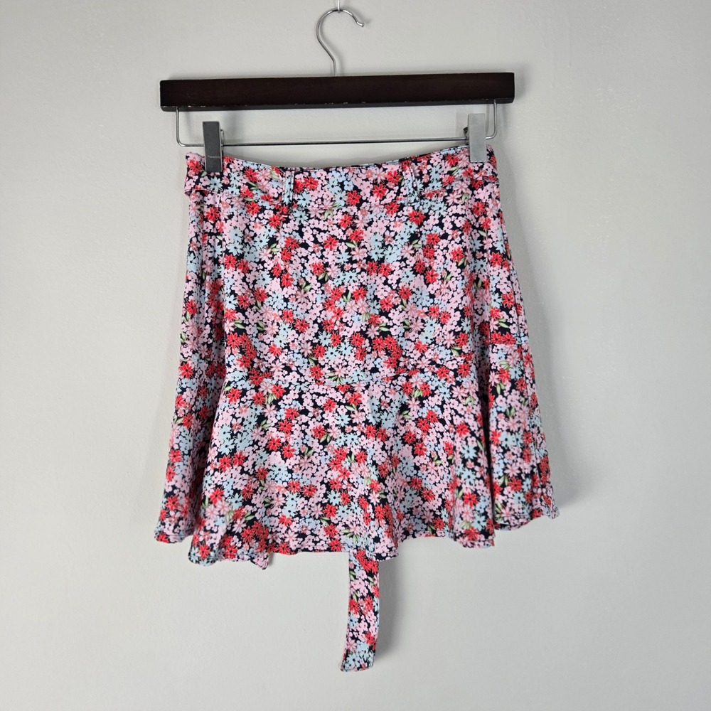 SO Goods For Life Floral Mini Skirt XS Navy Red Pink Ditsy Print Rayon Tie Waist - Picture 2 of 8